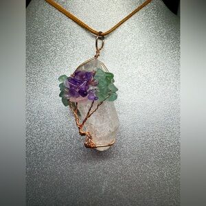 Elegant Wire-Wrapped Crystal Pendant Necklace with Purple and Green Accents New